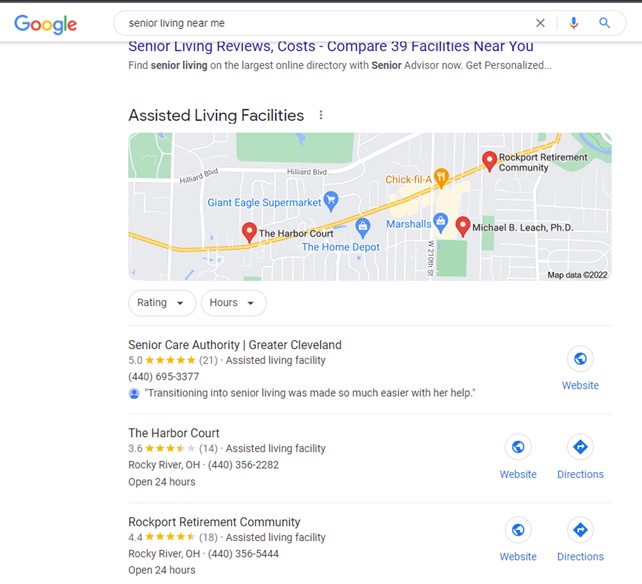 "Senior Living Near Me" search engine results page 
