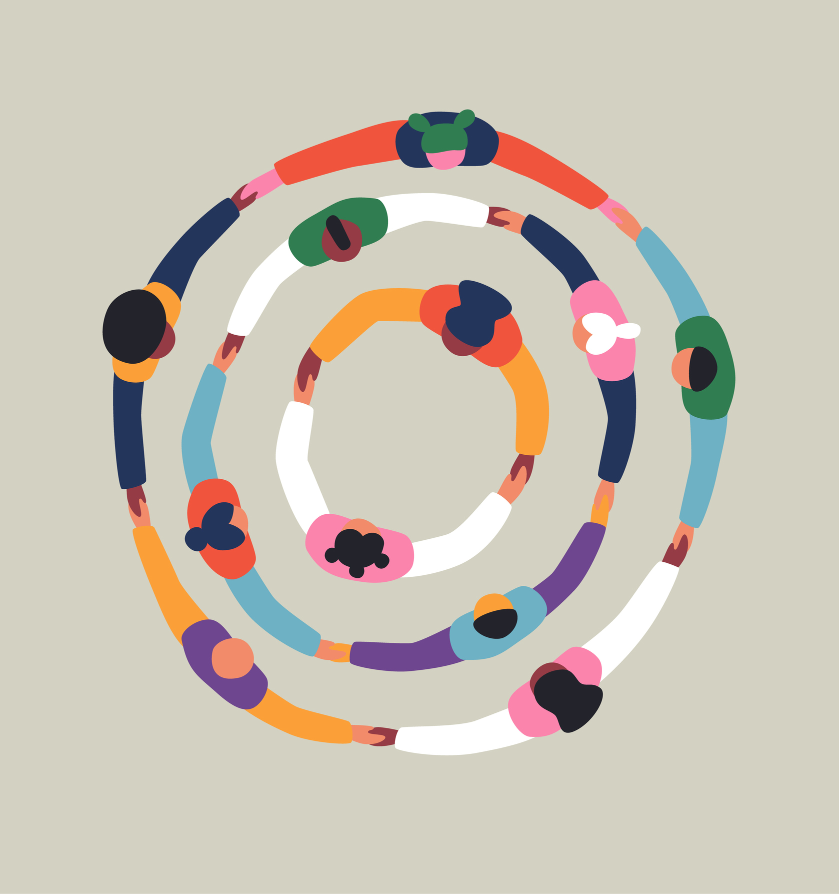 Big group of people holding hands together making round circle shape. Colorful diverse friend team concept, united community or social cooperation cartoon on isolated background.