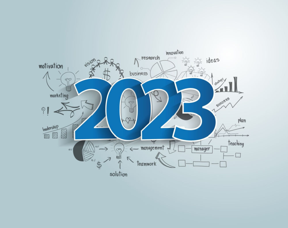 2023 in large blue letters overlaying pencil drawn marketing charts and buzzwords
